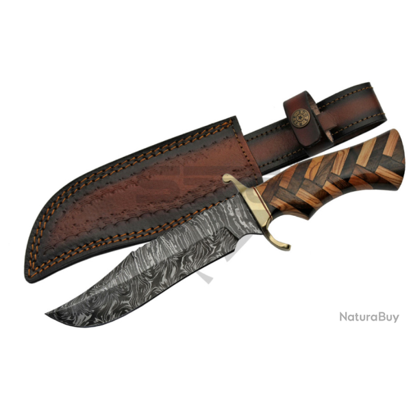 Couteau de Chasse Bowie Hunter Braided Sawback Damas Lame 256 Couches Manche Bois Etui Cuir DM1221 -
