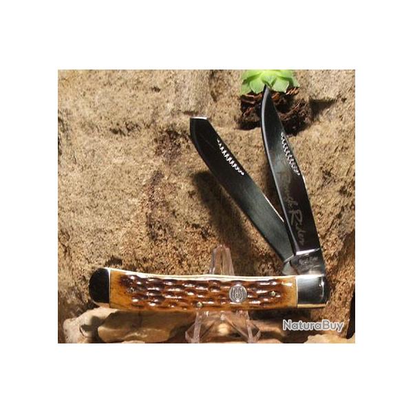 Couteau Canif Rough Rider Trapper Manche Os 2 Lames Acier 440 RR22034