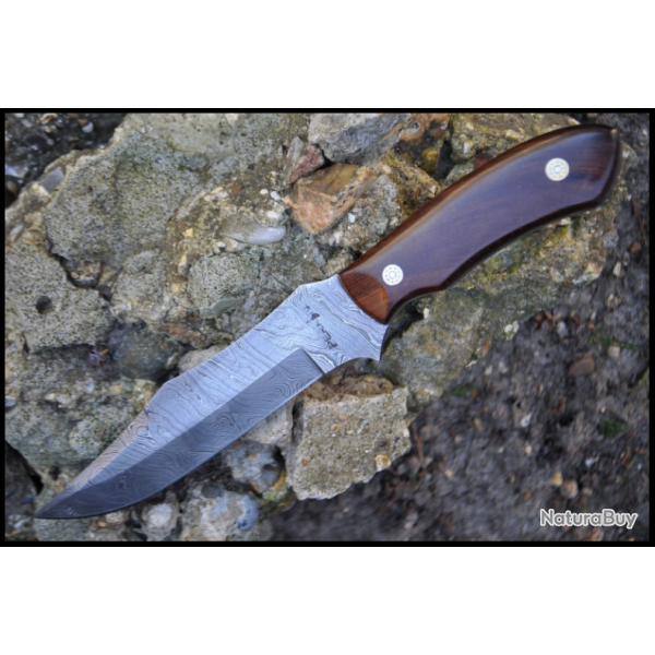 Couteau Bushcraft en acier damas et bois de ronce - Full Tang (2)
