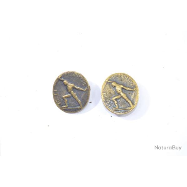 Lot broche + bouton de col Belge RESISTERE / J FONSON BRUXELLES, WW1 ? WW2 ? a identifier
