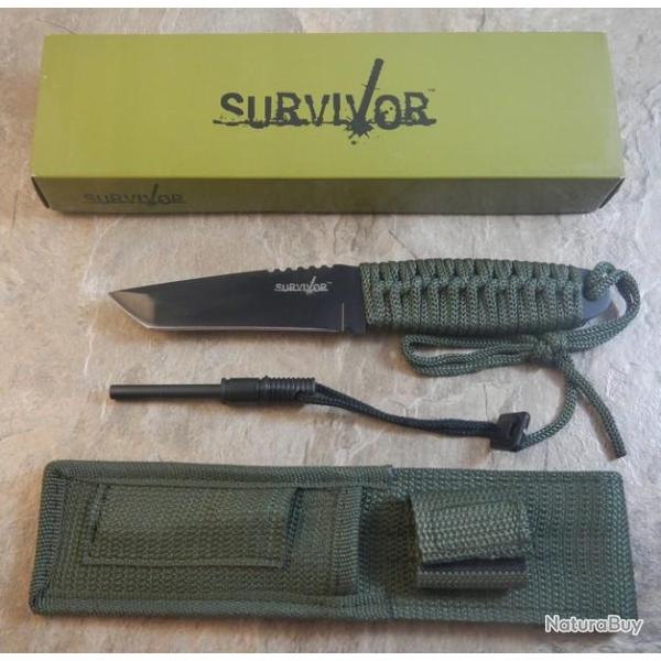 Couteau de Survie Tanto Lame acier Inox Manche Corde Etui Nylon Allume Feu M4008