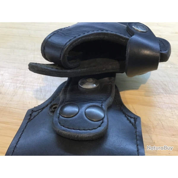 Ancien tui  rglementaire Police cuir noir double rtention Manurhin MR 88 ou F1
