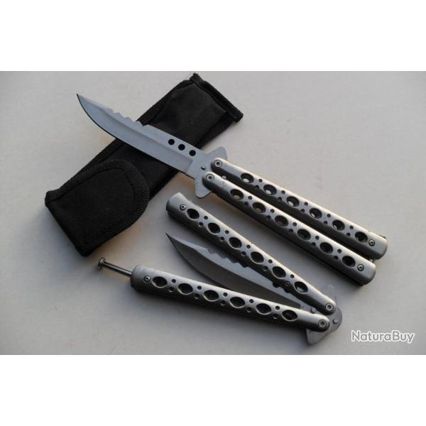 Massif Couteau Papillon Balisong 23 Cm Lame Dent�e Acier Inoxydable Manche Acier Tactique