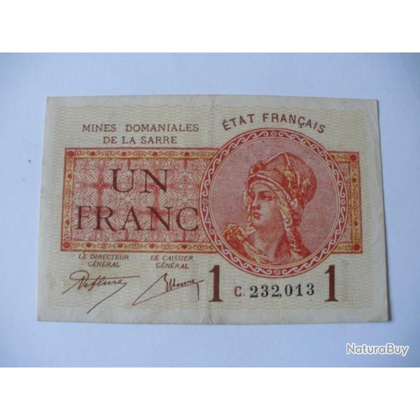 BILLET 1F MINE DE LA SARRE SERIE C TERRITOIRES OCCUPPES ALLEMAGNE