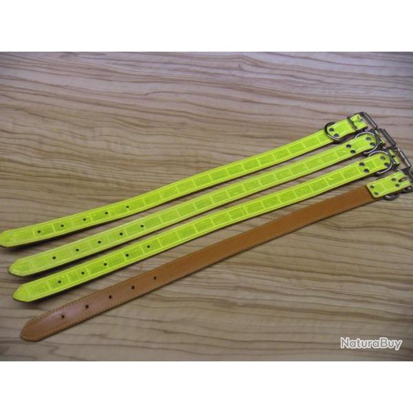 Lot de 4 colliers cuir avec bande r�fl�chissante jaune. L:25mm.