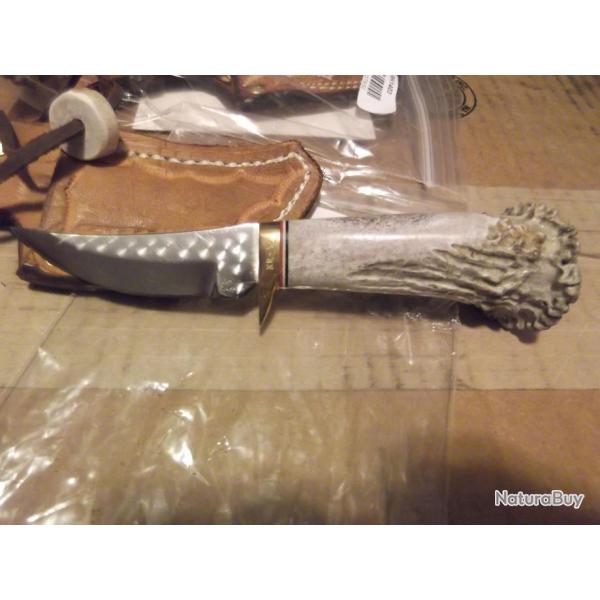 Couteau Ken Richardson Knives Skinner Manche Elan Lame Acier 1085HC Etui Cuir USA KRK1403