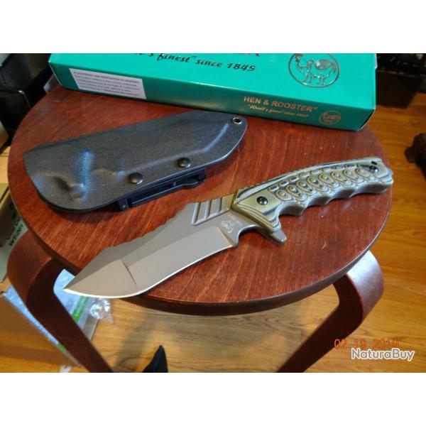 Couteau Hen & Rooster Tactical Lame Acier Inox Manche Green G10 Etui Plastique + clip HR007