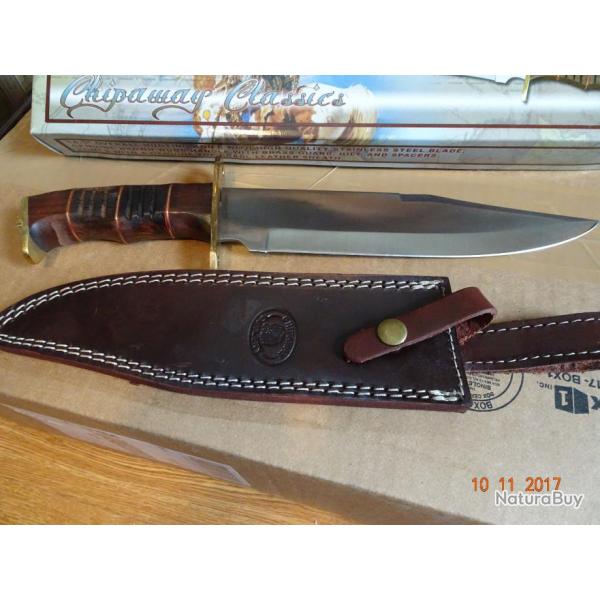 Couteau Bowie Chasseur D'ours Frost Bear Hunter Lame Acier Inox Manche Bois Etui Cuir FCW903