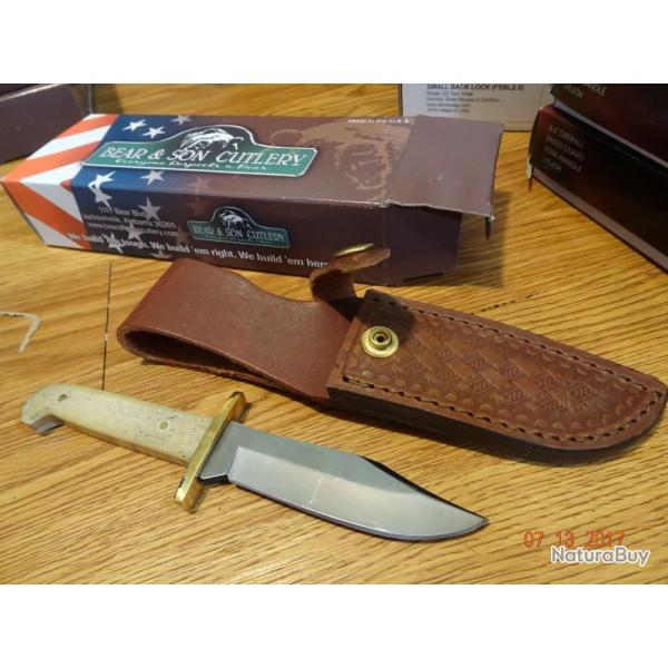 Couteau Bear & Son Baby Bowie Lame Acier 440  Manche Os Etui Cuir Made In USA BCWSB0012
