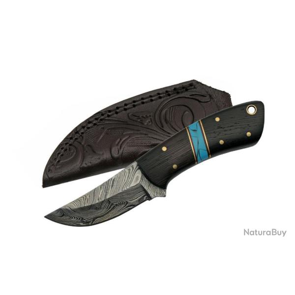 Couteau Skinner Damas 256 Couches Manche Bois Etui Cuir DM1243