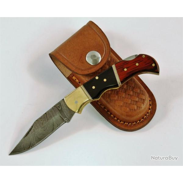 Couteau Damas Pliant Lame 128 Couches Manche Corne Etui Cuir Lockback DM1214