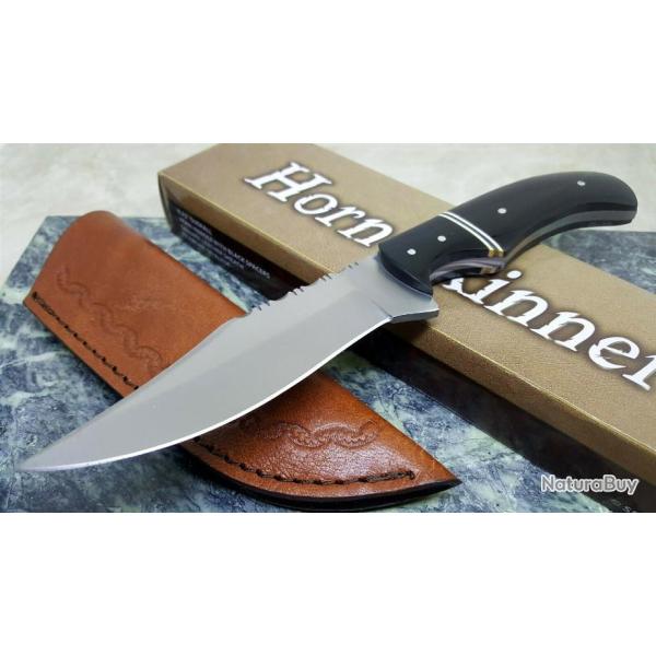 Couteau de Chasse Manche Corne Lame Acier Inox Etui Cuir PA203411