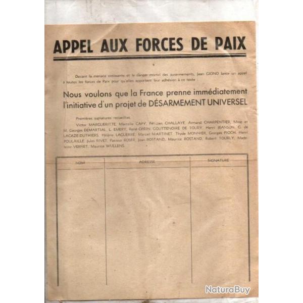 appel aux forces de paix p�tition 1945 non dat� de jean giono