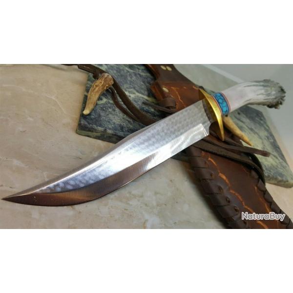 Couteau Ken Richardson Bowie Manche Elan/Turquoise Lame Acier 1085HC Etui Cuir USA KRK1410T