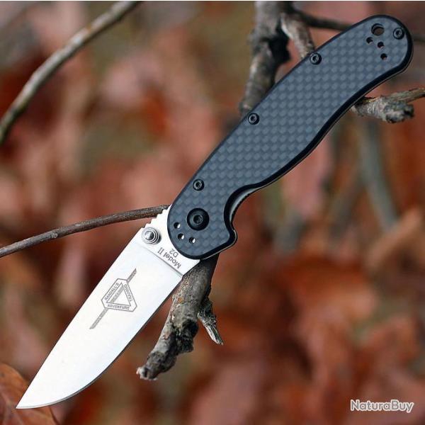 Couteau Ontario Rat II D2 Military Manche Fibre de Carbone/G10 Lame Acier D2 Linerlock Clip ON8832
