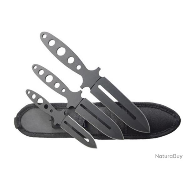 JEU 3 COUTEAUX LANCER HERBERTZ TOUT INOX NOIR + ETUI