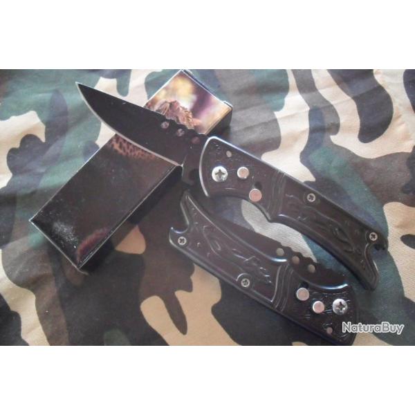 Petit Couteau Automatique Lame Acier 7 Cm Manche en Acier Grav� 9 Cm Chasse P�che Bivouac