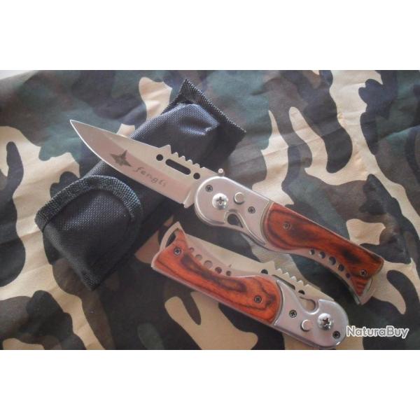 Couteau Automatique Lame Acier Dent�e 8,5 Cm Manche Bois 11,5 Cm Chasse P�che Bivouac