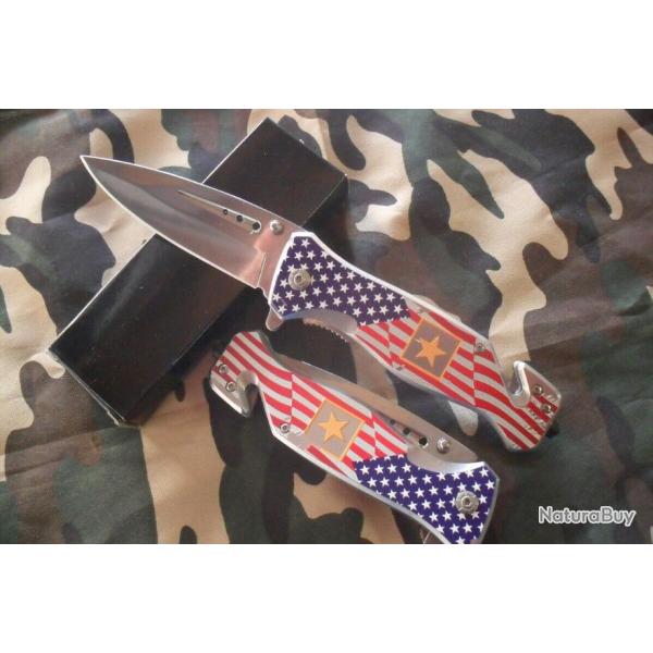 Couteau Massif Chrom� de Sauvetage "Motif USA" Lame Acier Chrom�