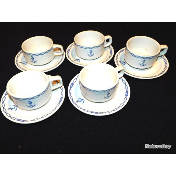 LOT 5 TASSE A CAFE  MARINE NATIONALE OFFICIER MARINIER - DECOR CABLE BLEU