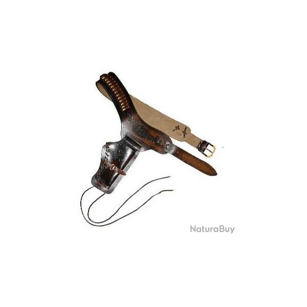 Ceinturon holster marron pour 1 revolver western avec cartouche factices