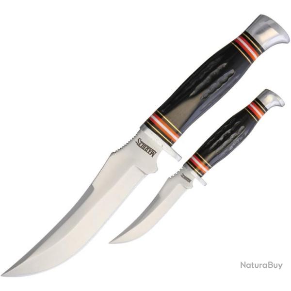 Set de 2 Couteaux Lame en Acier 3Cr13 Manche Corne Etui CUIR MR454071