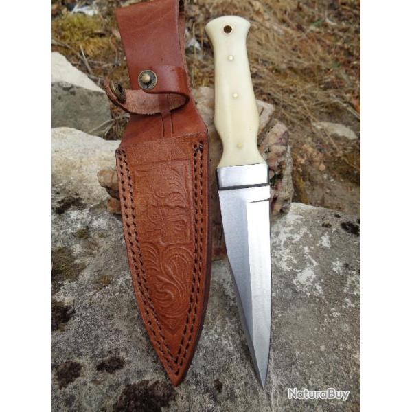 Couteau Dague Scottish Dirk Sheffield Sgian Dubh Lame Acier Carbone Manche Os Etui Cuir PA8021BO