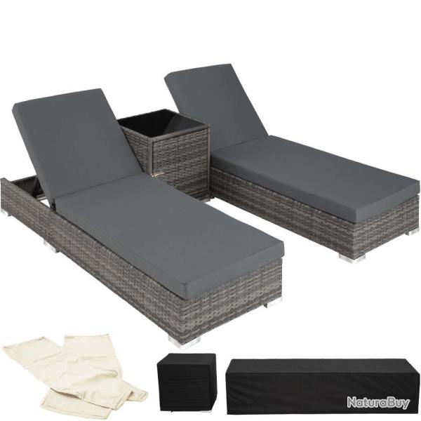 Bain de soleil chaise longue duo 5 positions avec 2 sets de housses + housse de protection gris 220