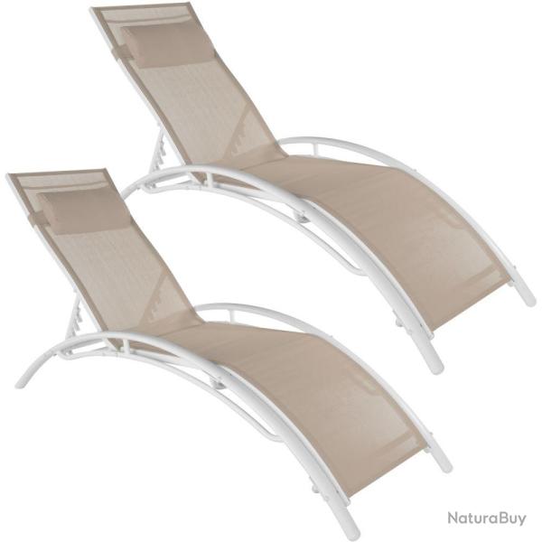 Lot de 2 transats bain de soleil avec coussin de t�te beige 2208194