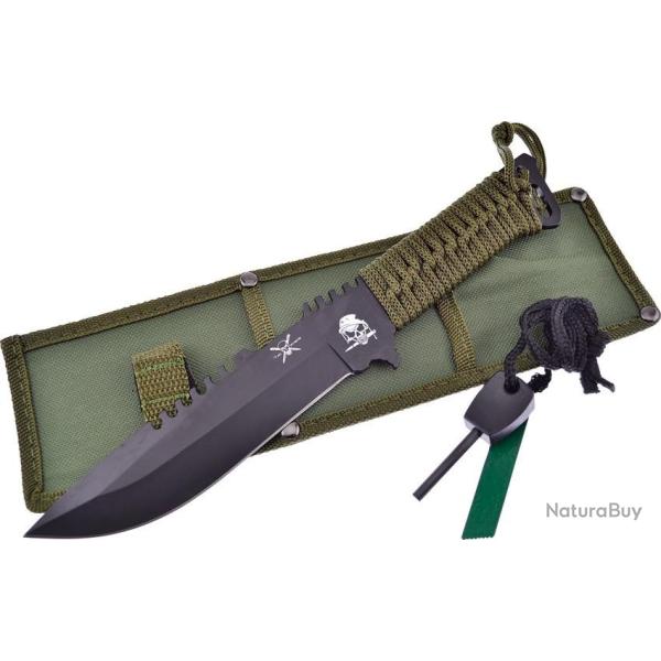 Couteau Combat Green Lame en Acier inox Manche en Corde Etui en Nylon avec Allume feu