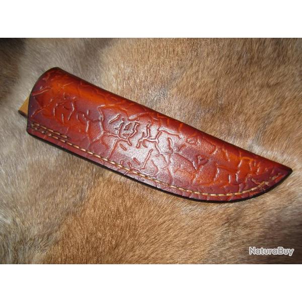 ETUI EN CUIR AVEC MOTIFS ,VIEILLI PATINER POUR COUTEAU FIXE SANS GARDE (HUNTER ARTISAN DU CUIR)