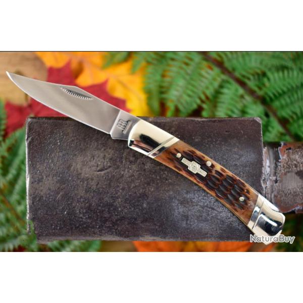 Couteau Rough Rider Amber Bone Manche Os Lame Acier 440 Lockback RR081