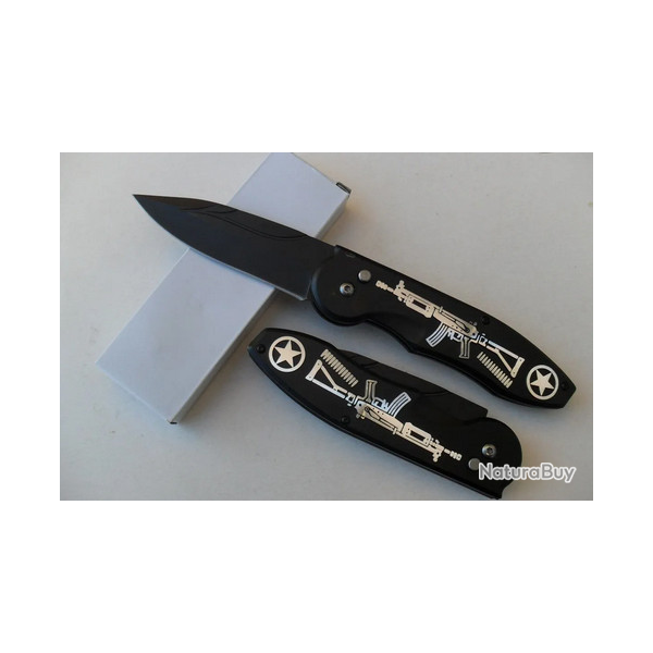 Grand Couteau Automatique Lame Acier noire 10 Cm Manche Acier noire Grav 13,5 Cm Outdoor