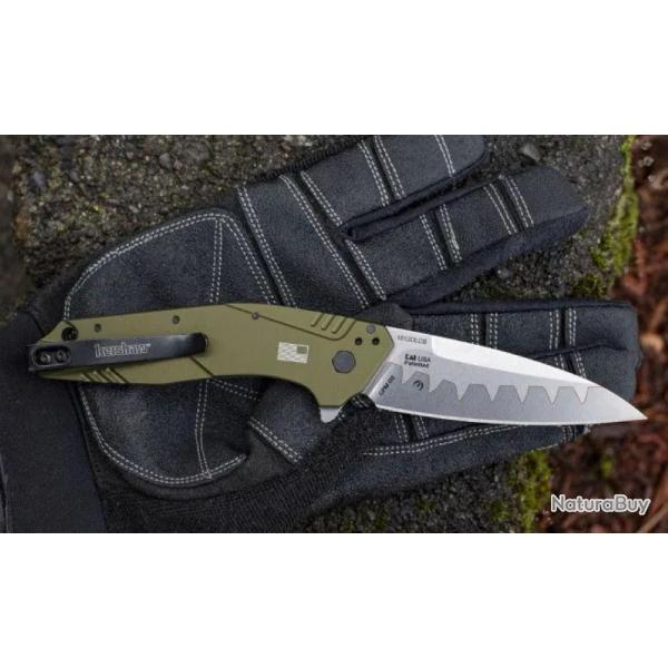 Couteau Kershaw Dividend A/O Lame Acier N690/D2 Manche Olive Aluminium Linerlock Clip USA KS1812OLCB