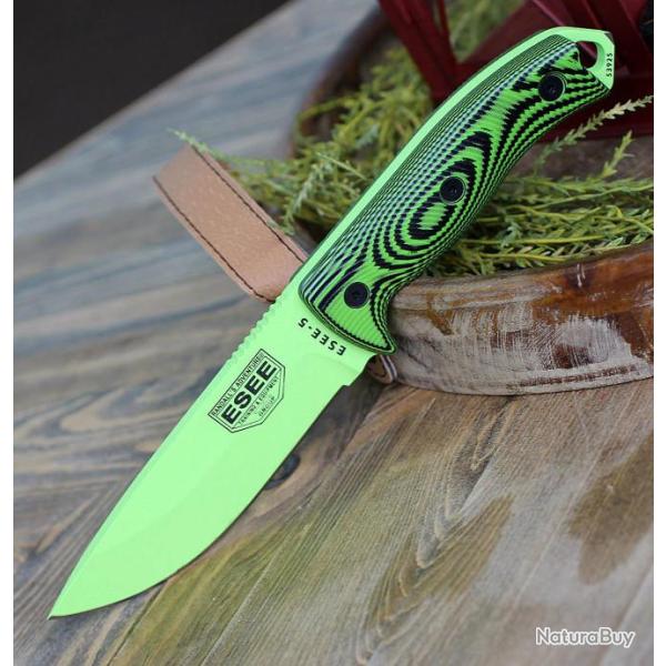Couteau ESEE Esee-5 OD Venom Green Manche Neon Green G10 Acier Carbone 1095 Etui USA ES5PVG007