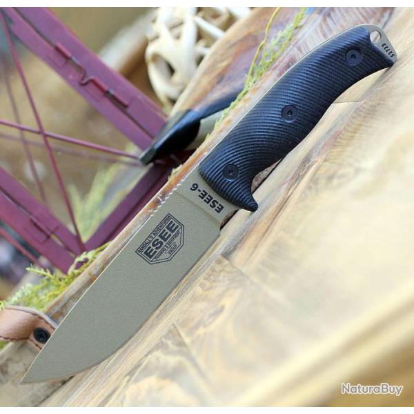 Couteau ESEE Esee-6 Dark Earth Manche Black G10 Acier Carbone 1095 Etui Plastic USA ES6PDE001