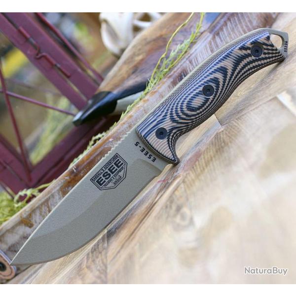 Couteau ESEE Esee-5 Dark Earth Manche Coyote Brown/Black G10 Acier Carbone 1095 Etui USA ES5PDE0005