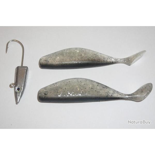 2 leurres type shad + 1 tete plombe fusiforme de 20gr