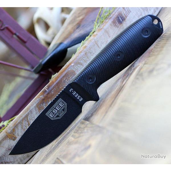Couteau ESEE Esee-3 Black Manche Black G10 Acier Carbone 1095 Etui Plastique Made USA ES3PMB001