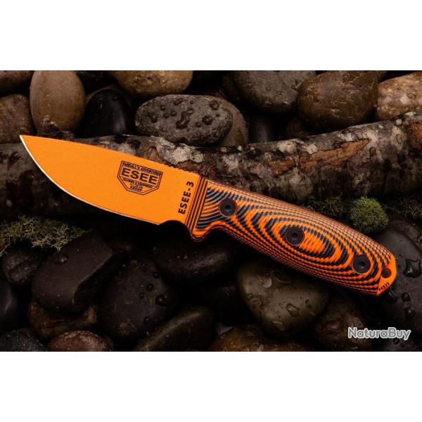Couteau ESEE Esee-3 Orange Manche Orange/Black G10 Acier Carbone 1095 Etui Plastique USA ES3PMOR006