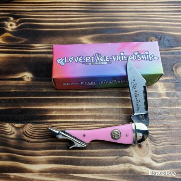 RR1376 Couteau Forme de Jambe de Femme Rough Rider Love Peace Lame Acier 440