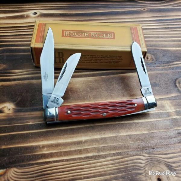 Couteau Rough Rider Stockman Red Bone Manche Os Lames Acier 440 RR291