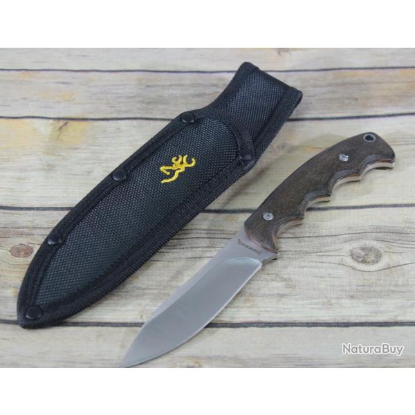Couteau de Survie Chasse Browning Lame Acier Inox Manche Bois Etui Nylon BR0214