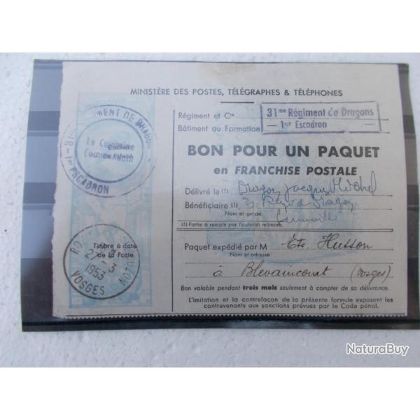 bon pour 1 paquet en franchise postale 1953,bon �tat!!RARE