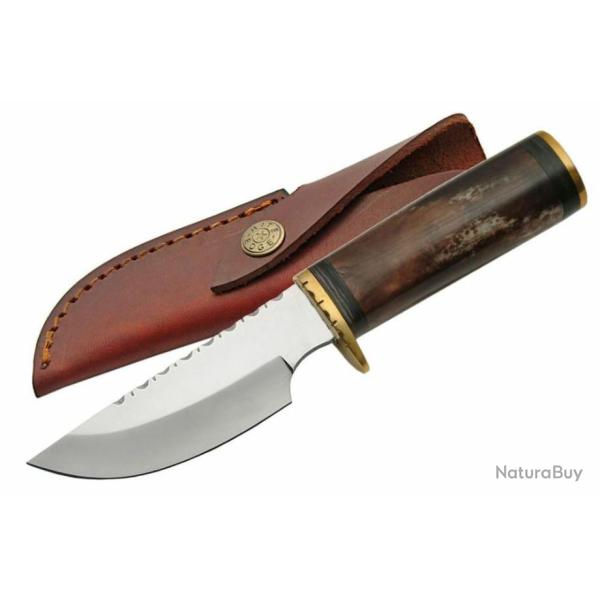 Couteau de Chasse Skinner Lame Acier Inox Manche Os Etui Cuir PA8004BR