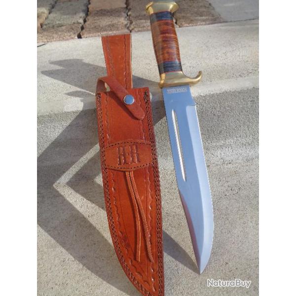 GROS Couteau Crocodile Dundee Bowie Alamo Leather Lame Acier Carbone Manche Cuir Etui Cuir RR2006
