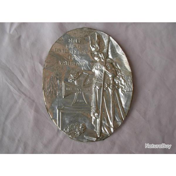 WW1 ALLEMAGNE/AUTRICHE PLAQUE GRAVURE PATRIOTIQUE SUR PLAQUE OVALE EN ALUMINIUM 1914