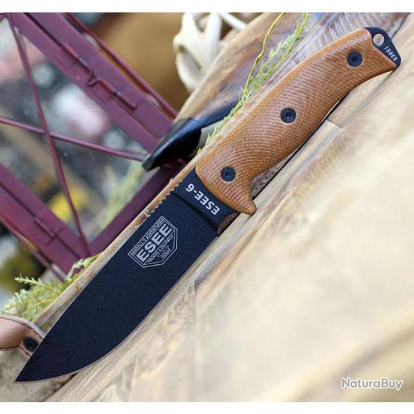 Couteau ESEE Esee-6 OD Black Manche Natural Micarta Acier Carbone 1095 Etui USA ES6PB011