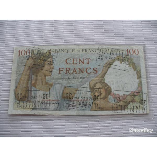 BILLET 100F SULLY TAMPONNE ANNULLE RARE