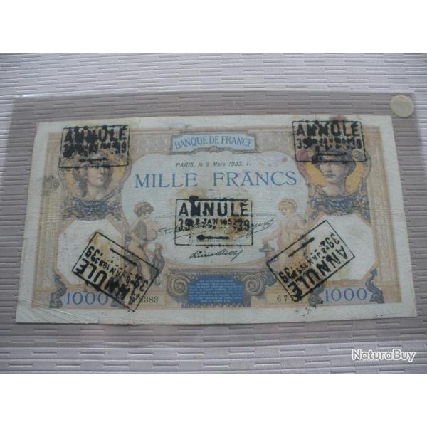 BILLET 1000F CERES ET MERCURE TAMPONNE ANNULLE RARE